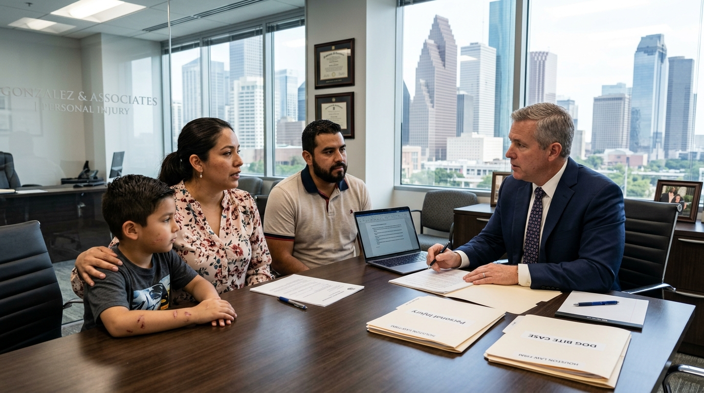 Texas Dog Bite Laws: What Victims Can Recover After an Attack Personal injury attorney consulting with Hispanic family about Texas dog bite claim — Texas Legal Giants
