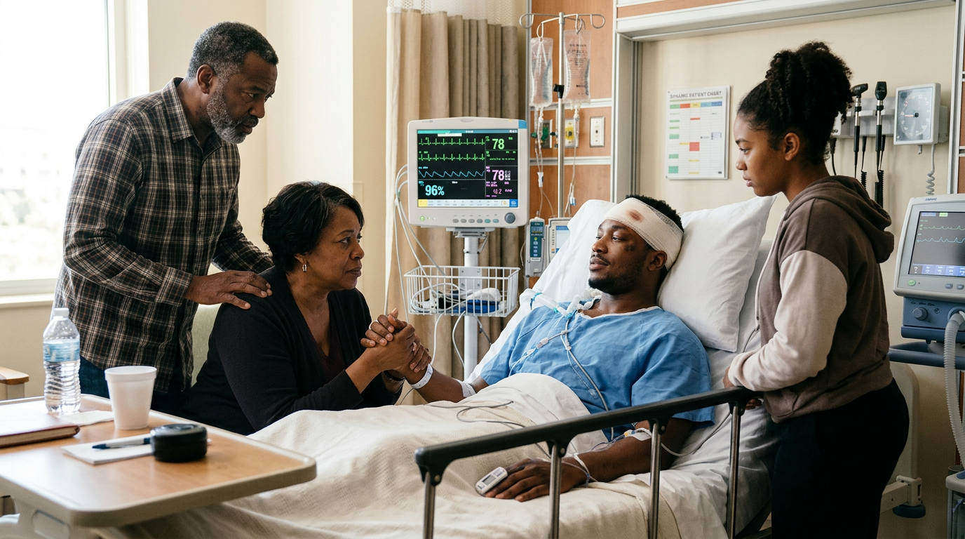 Traumatic Brain Injury After a Texas Accident: Long-Term Costs and What You Can Claim Black man recovering from head injury in Houston hospital with family at bedside — Texas Legal Giants