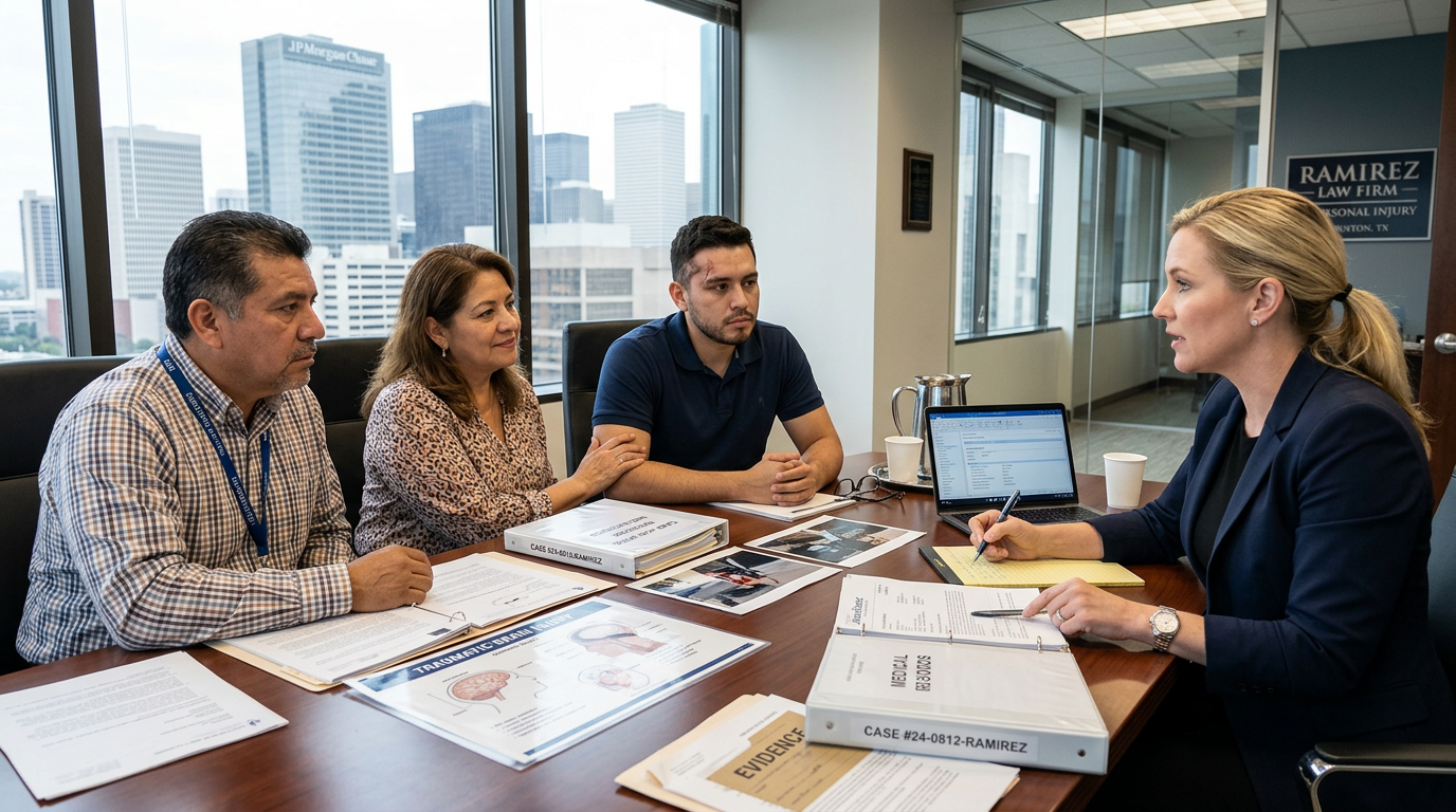 Traumatic Brain Injury After a Texas Accident: Long-Term Costs and What You Can Claim TBI survivor and Hispanic family consulting with personal injury attorney in Houston — Texas Legal Giants