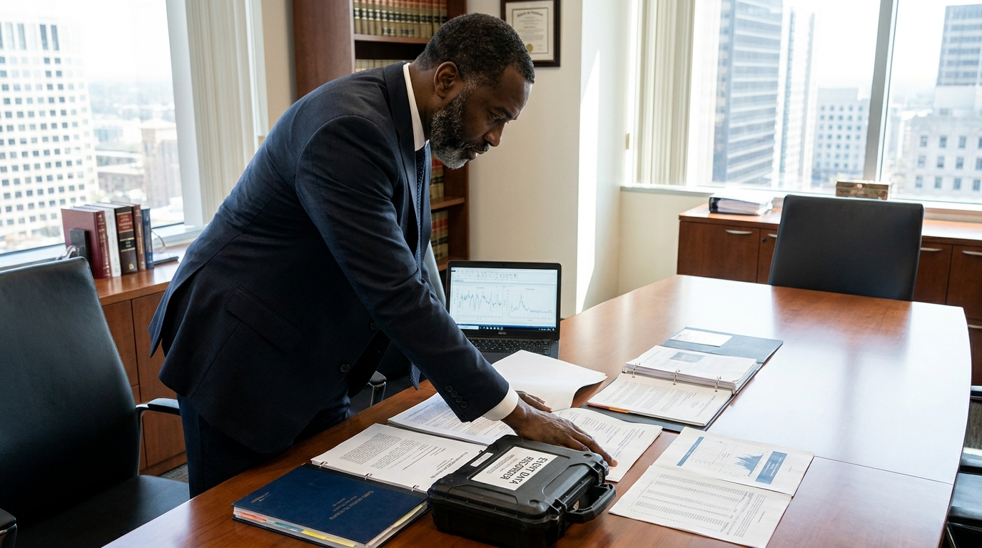 Houston truck accident lawyer examining 18-wheeler accident evidence on I-45 Texas