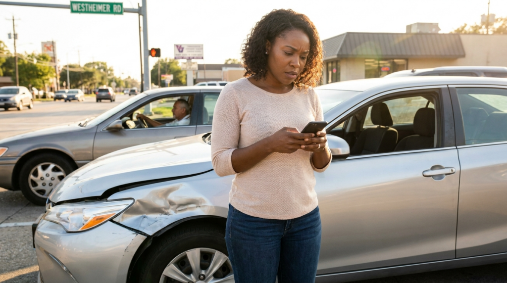 Black woman calling attorney after being hit by uninsured driver in Houston