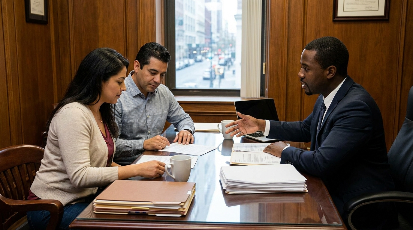 Attorney explaining uninsured motorist claim options to clients at Texas Legal Giants