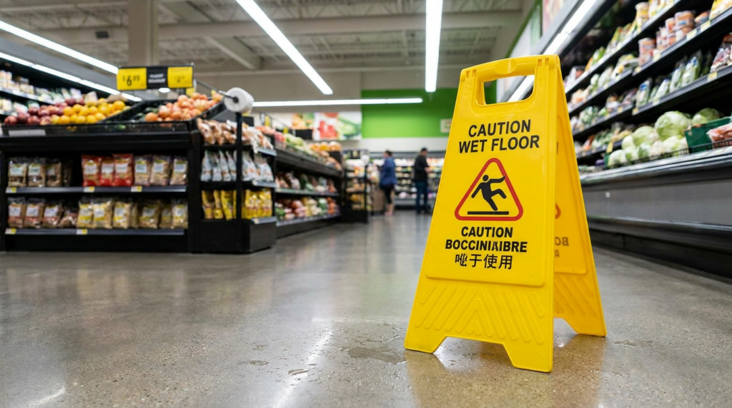 Wet floor sign in Texas grocery store slip and fall hazard