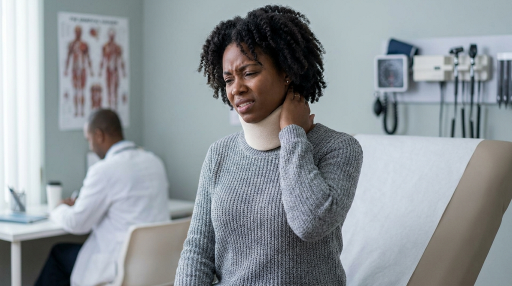 Black woman with neck injury wearing cervical collar at doctor's office