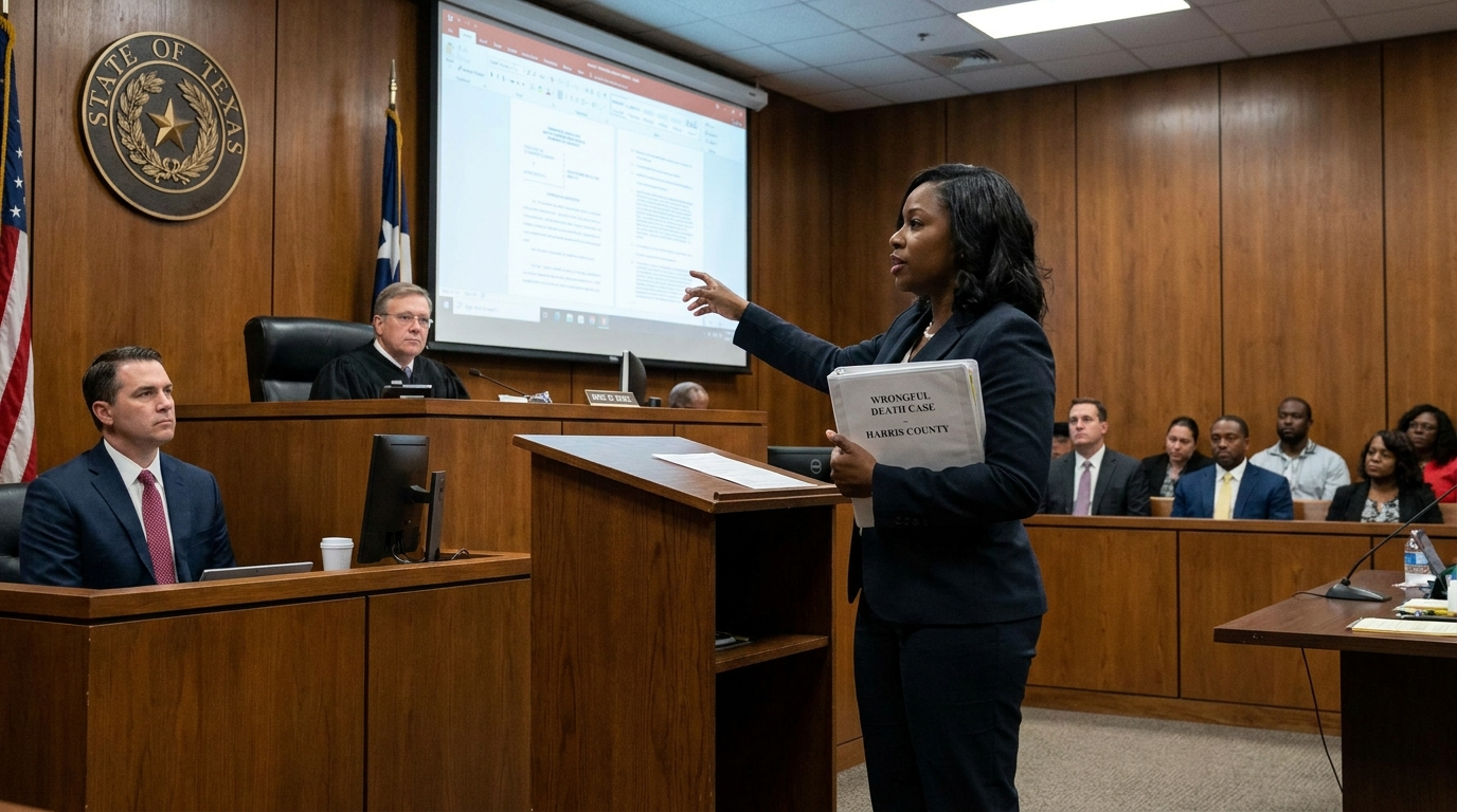 Houston wrongful death attorney presenting case in courtroom
