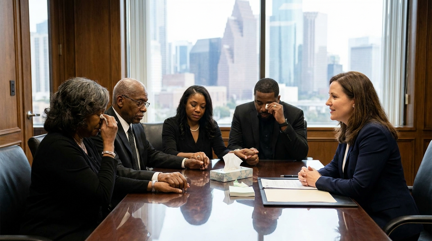 Grieving family meeting with Houston wrongful death attorney
