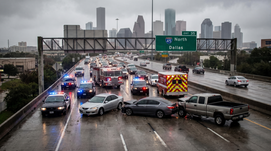 Distracted driving car accident scene on Houston Texas highway with police on scene