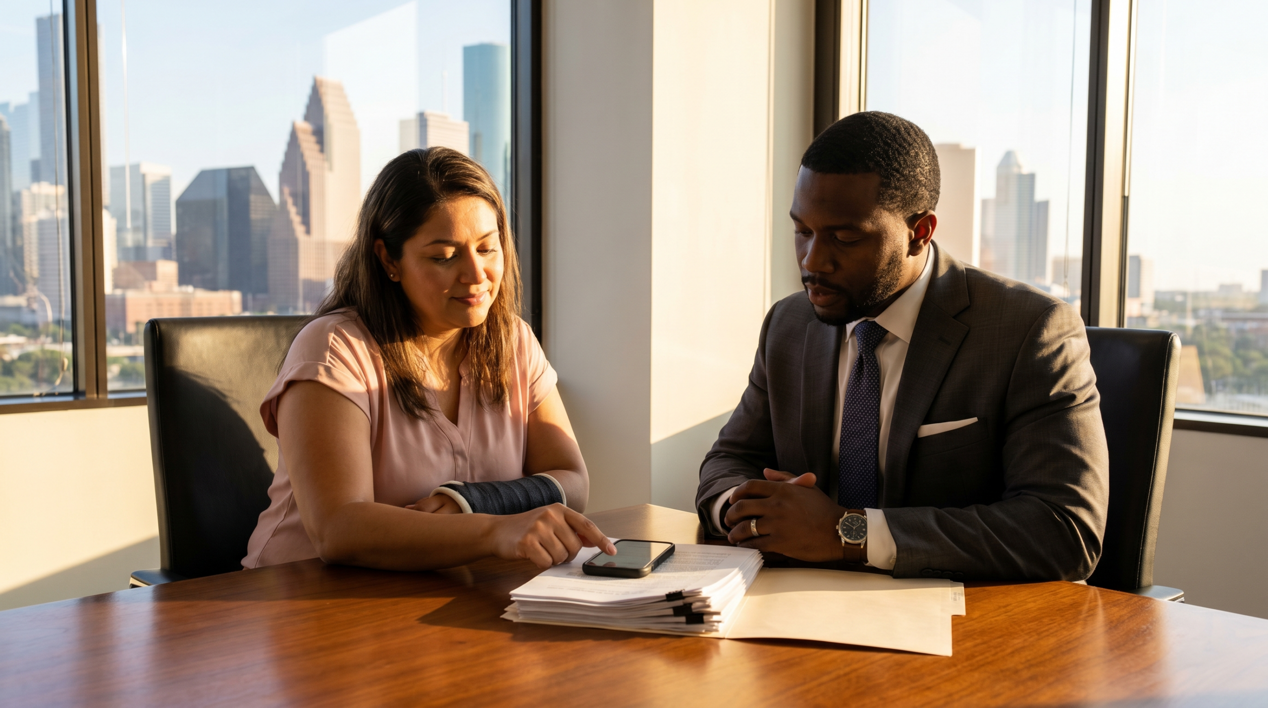 Distracted Driving Accident in Texas: How to Prove the Other Driver Was on Their Phone Accident victim consulting with a Texas personal injury attorney about distracted driving evidence