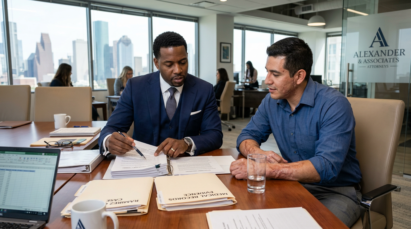 Attorney reviewing burn injury case documents with client in Houston law office