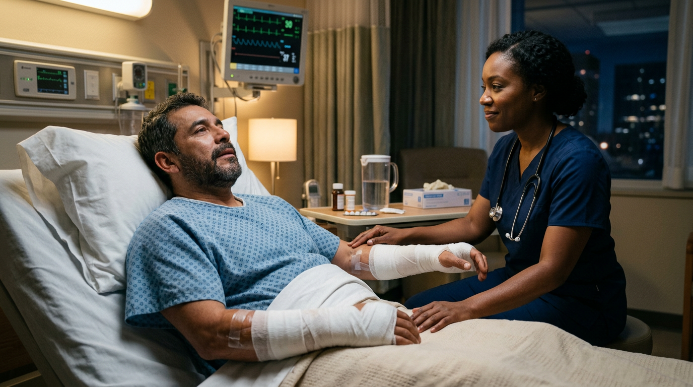 Hispanic burn injury patient receiving medical care in Houston hospital