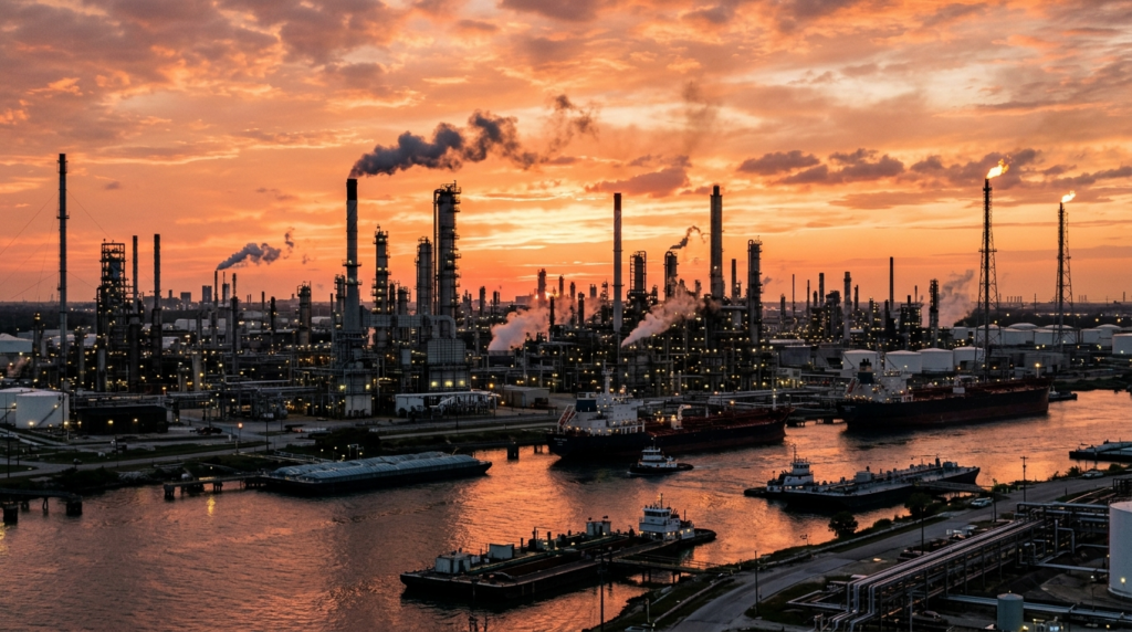 Texas refinery at sunset — burn injury claims Houston