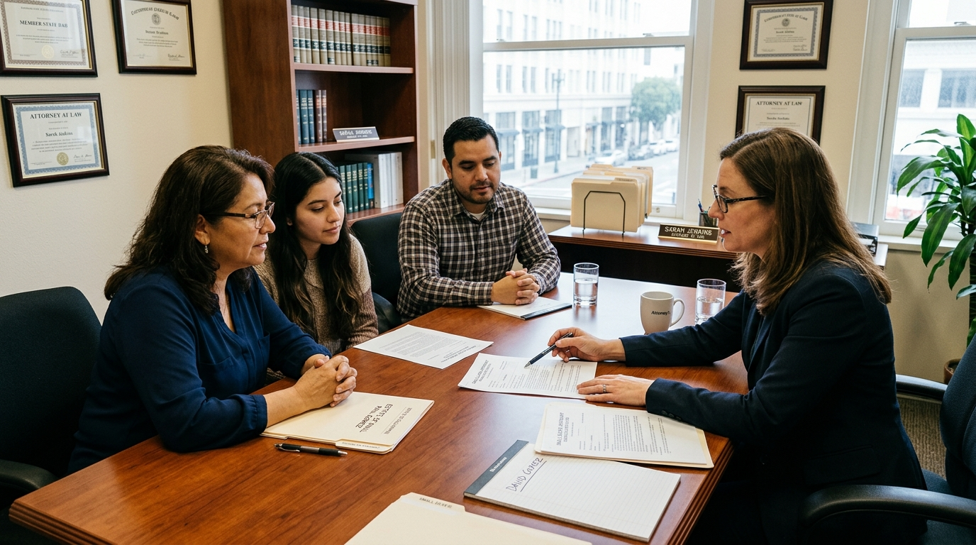 Hispanic family meeting with estate planning attorney in Houston about small estate affidavit