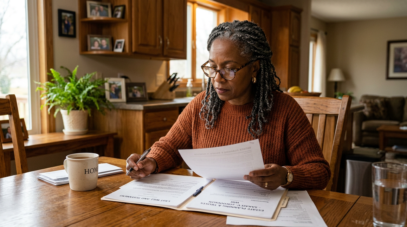 Black woman reviewing estate planning documents at home in Texas