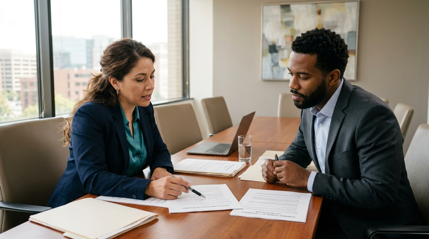 Hispanic attorney meeting with Black male client reviewing healthcare power of attorney documents Houston Texas
