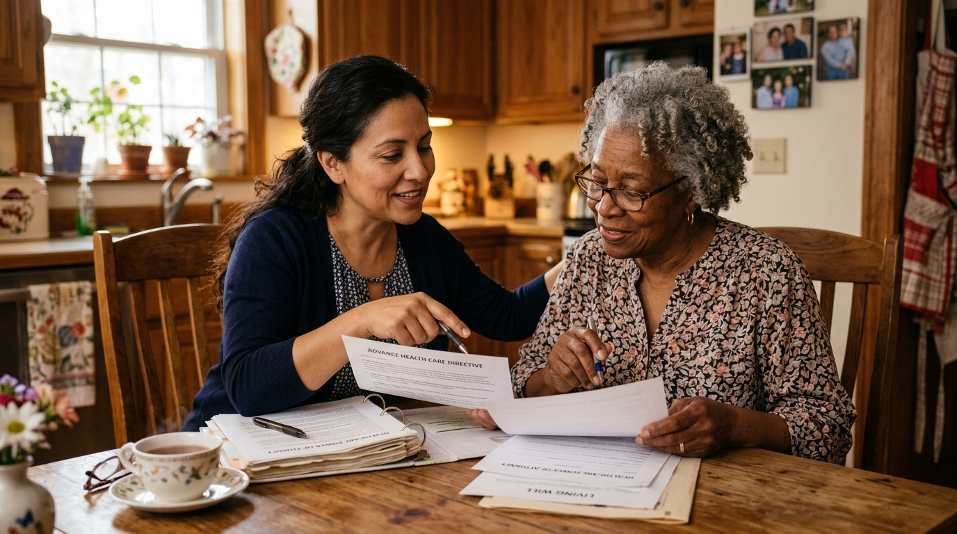 Hispanic adult daughter and Black elderly mother reviewing healthcare directive documents together Texas