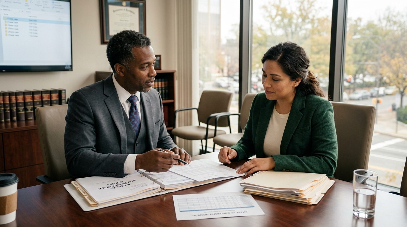 Attorney reviewing medical malpractice case documents with client Houston Texas