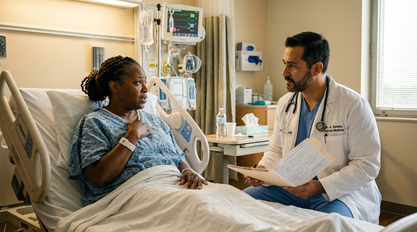 Black woman patient in hospital bed speaking with doctor about medical malpractice Texas