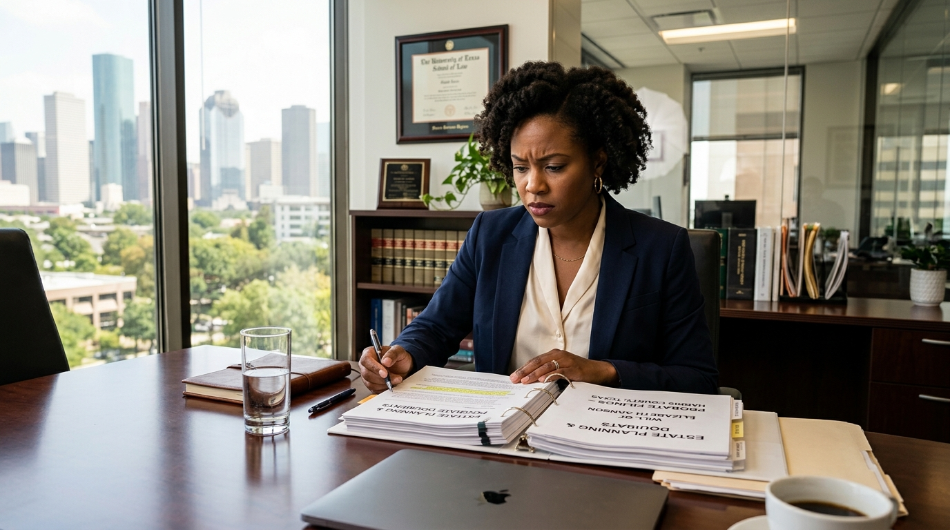 Black woman reviewing estate probate documents at a Houston law office