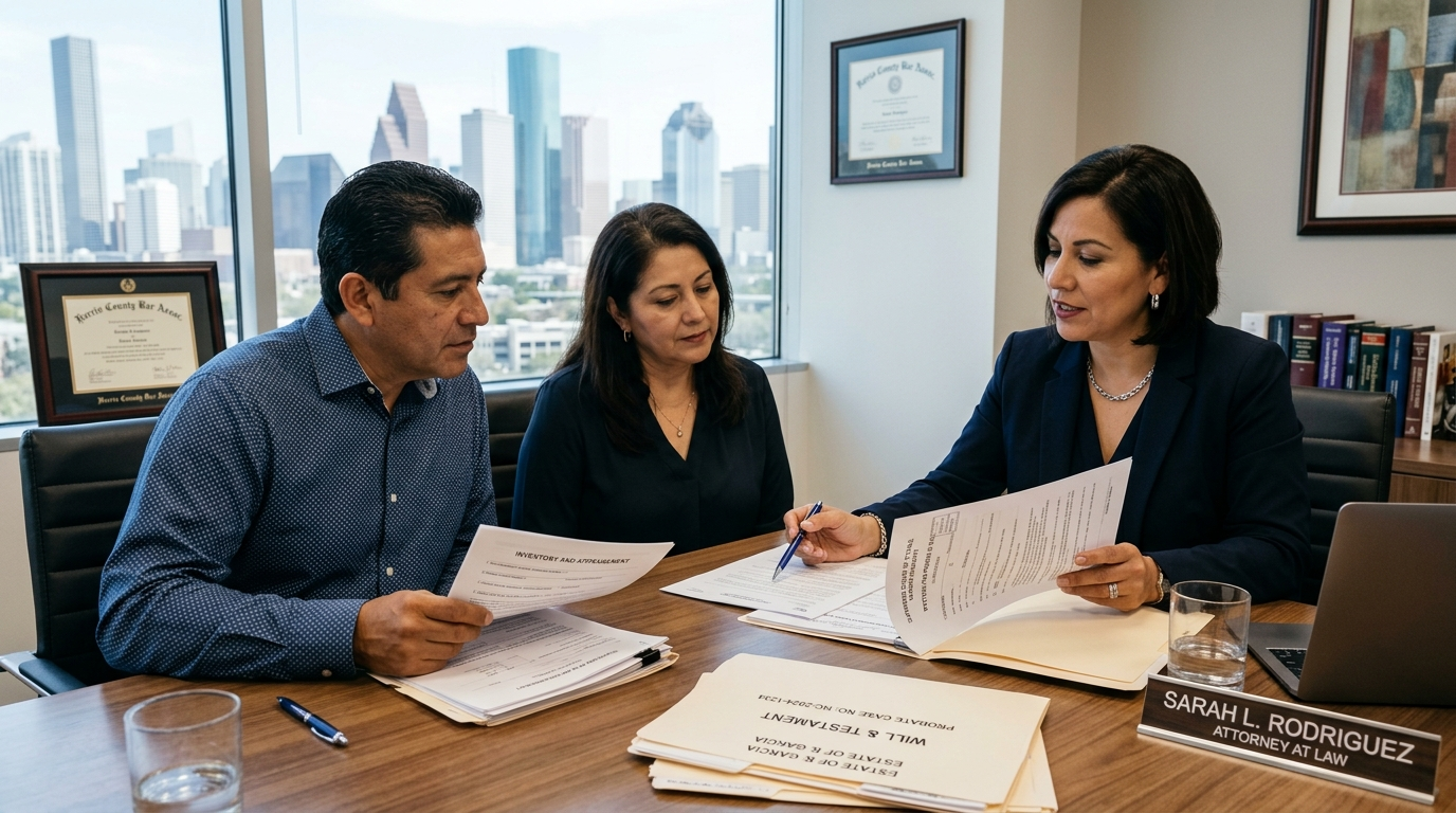 Hispanic family reviewing probate documents with attorney Houston