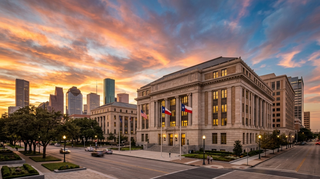 Harris County Probate Court exterior Houston Texas establishing shot