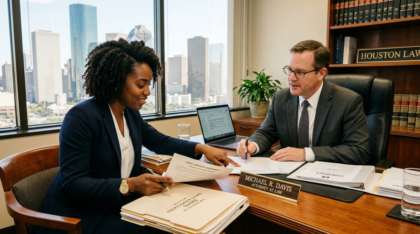 Black woman reviewing legal documents with personal injury attorney Houston
