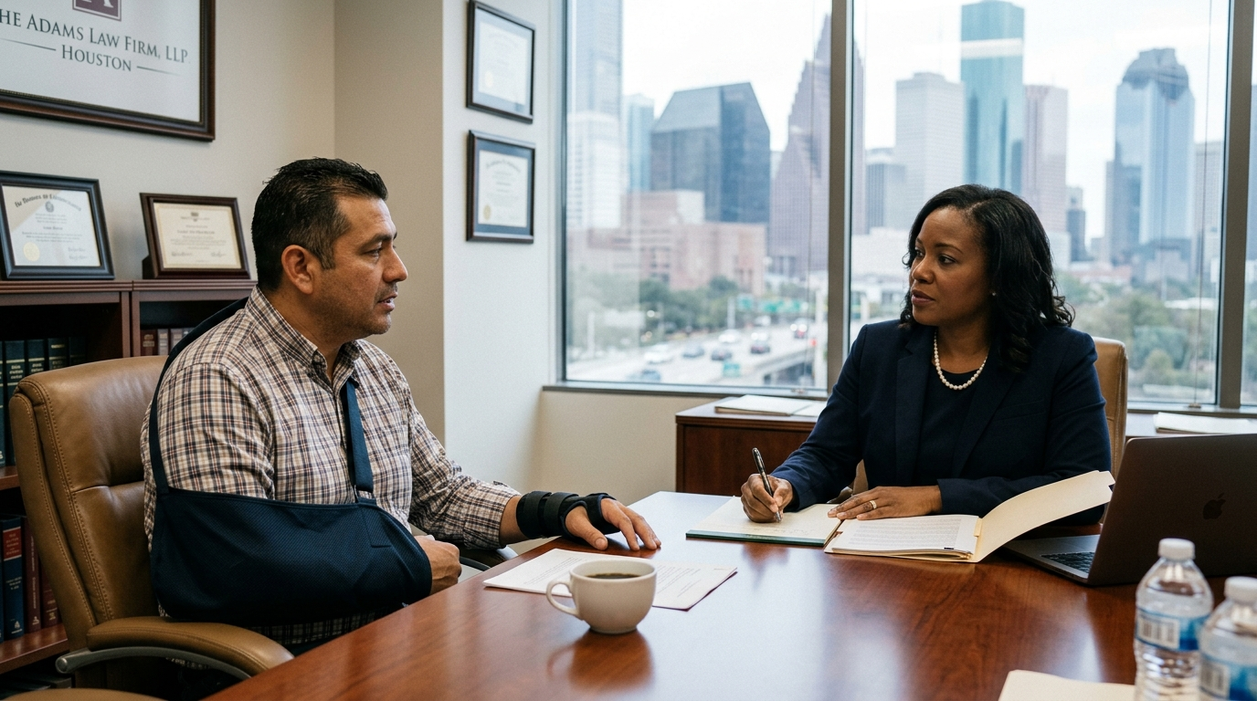 Hispanic man consulting with personal injury attorney in Houston law office
