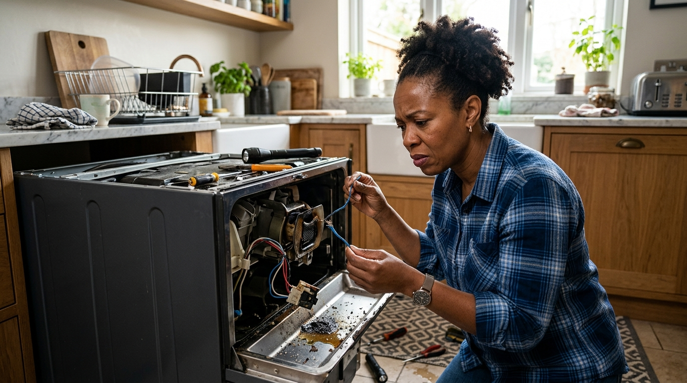Black woman examining defective product in Texas
