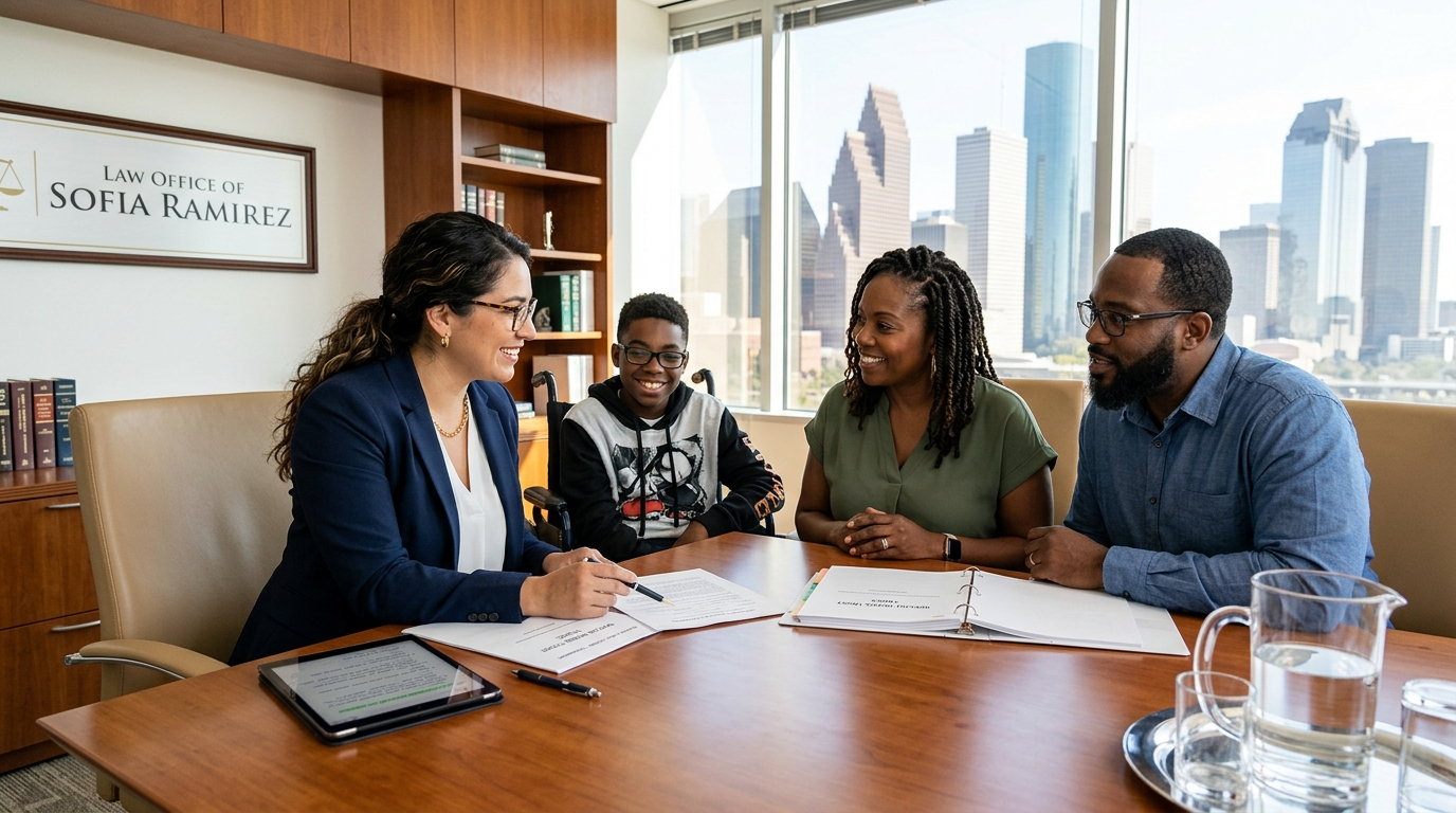 Hispanic attorney consulting with family about special needs trust in Houston