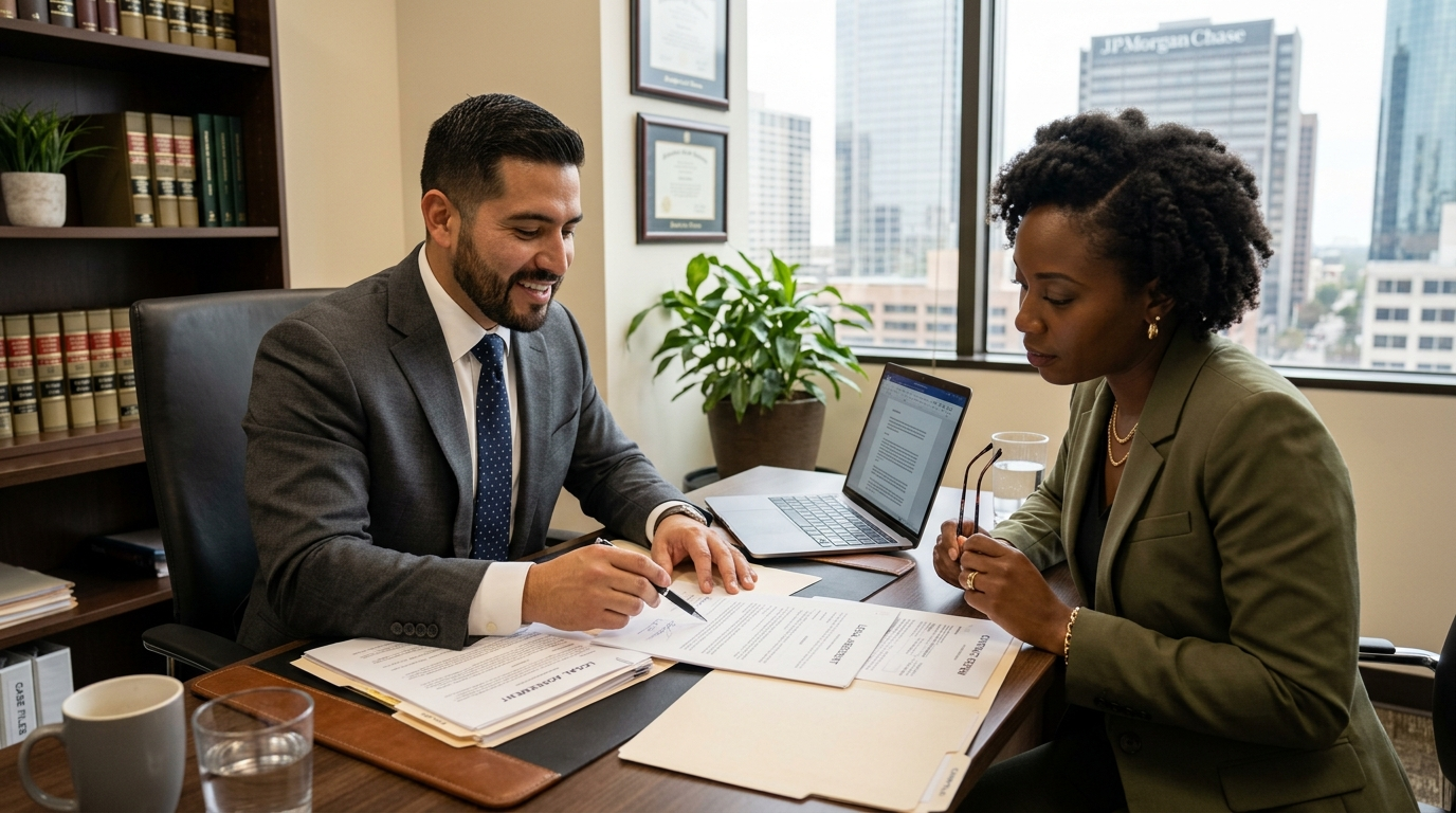 Hispanic attorney reviewing spinal cord injury claim with client at Houston law office