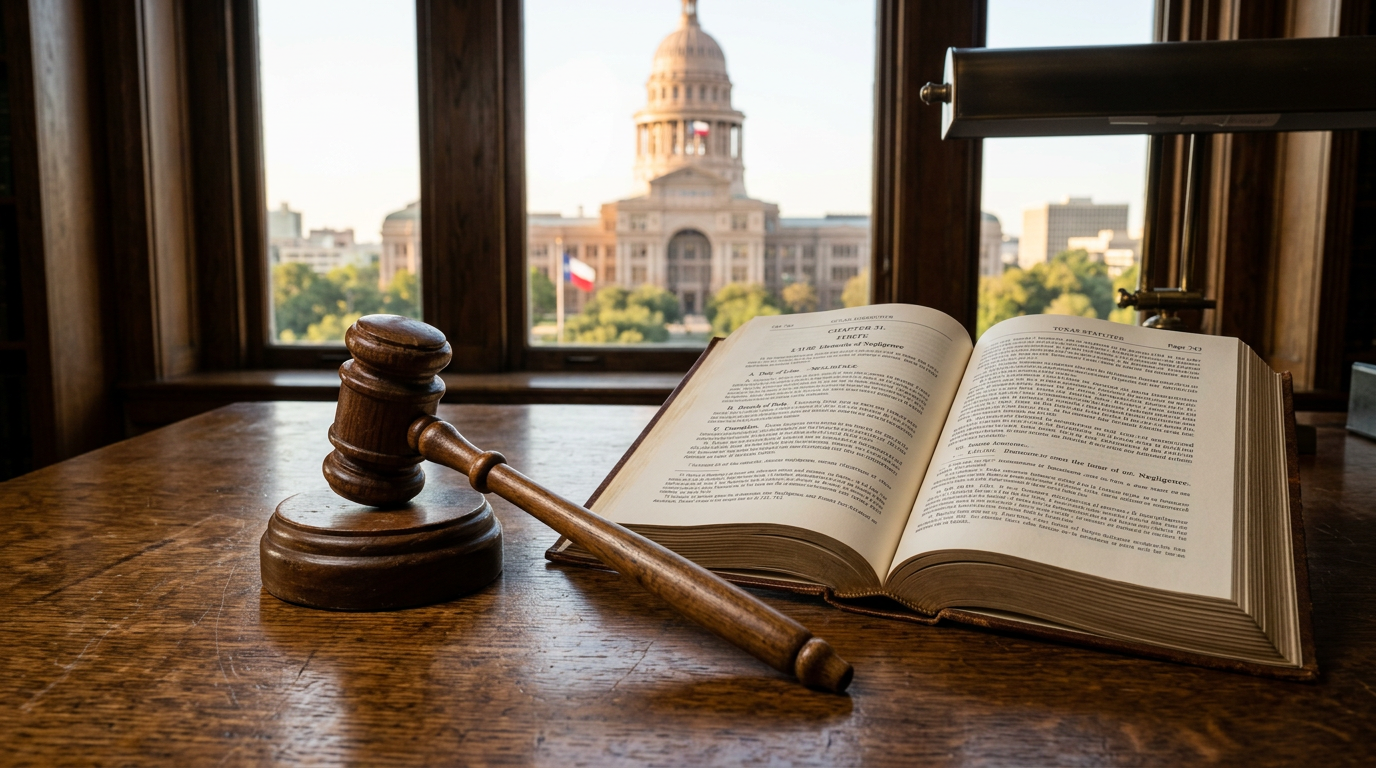Dad Confronted Over Daughters in Women's Restroom — Does Texas's Bathroom Law Actually Apply? Texas Penal Code statute book and gavel representing assault law and the Texas Capitol
