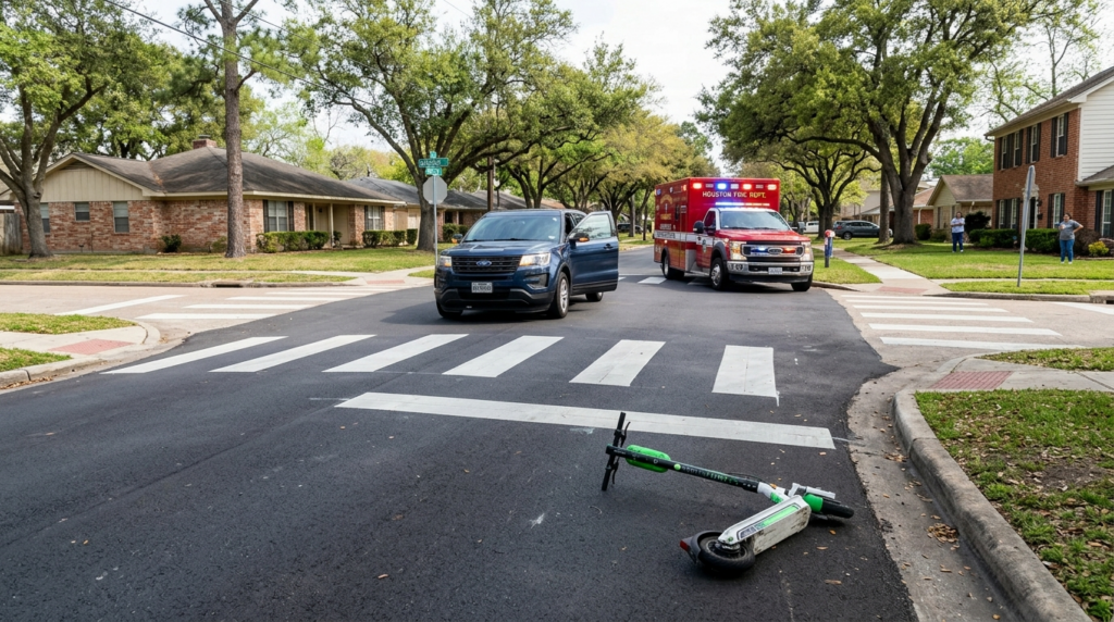 Overturned e-scooter in a Houston, Texas residential crosswalk with emergency responders arriving