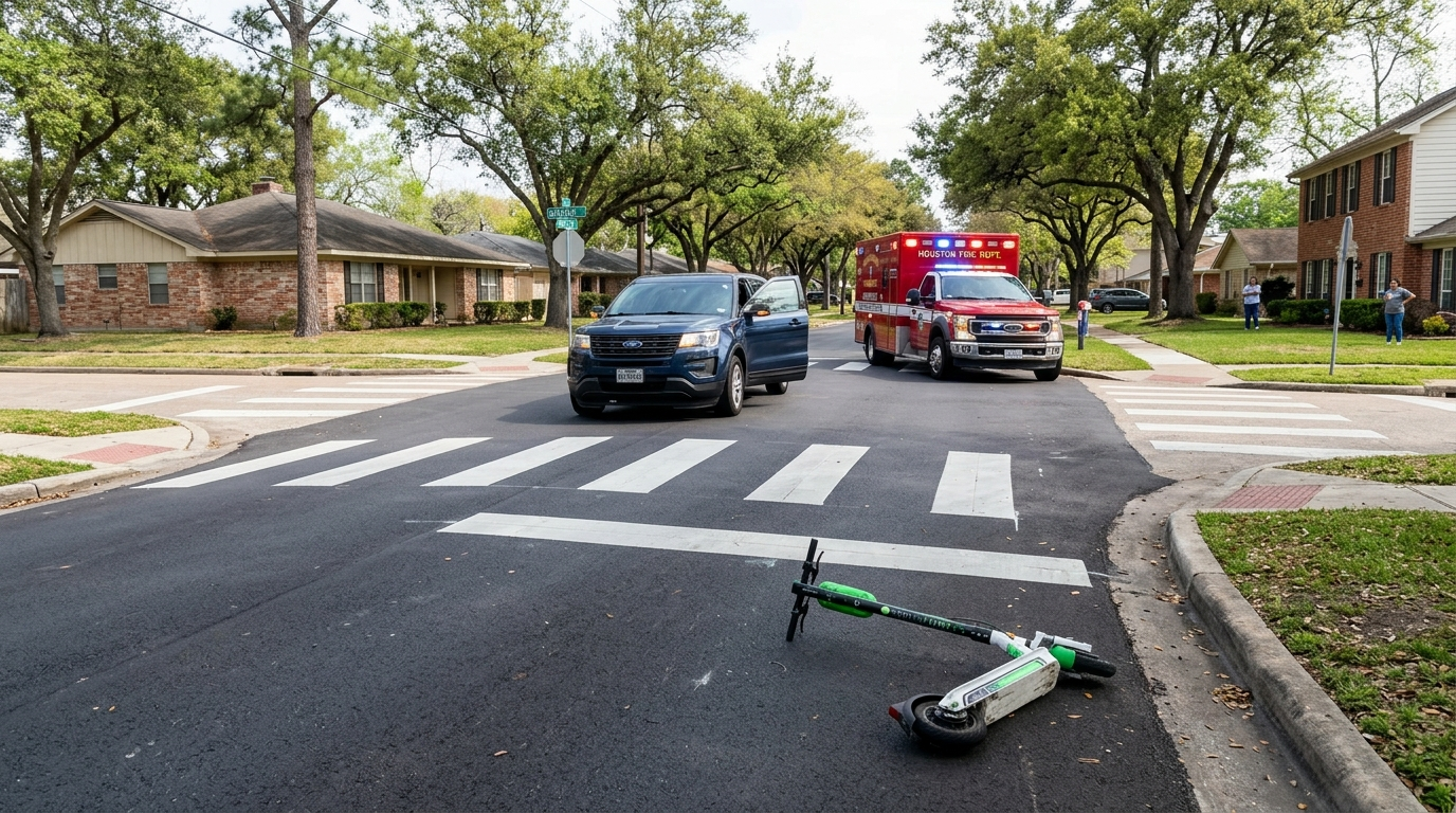Overturned e-scooter in a Houston, Texas residential crosswalk with emergency responders arriving