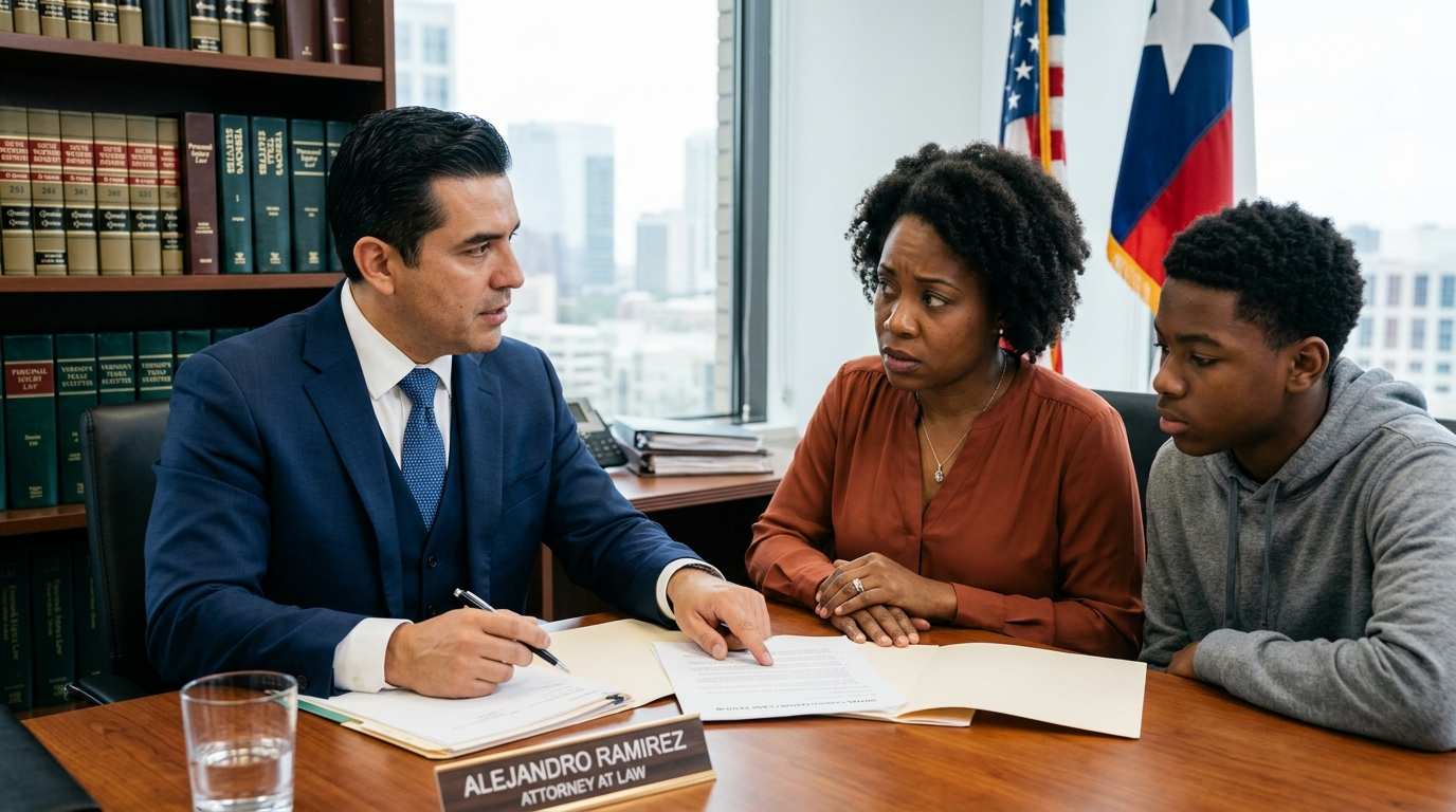 Attorney consulting with a mother and teenage son about an e-scooter accident injury claim in a Texas law office
