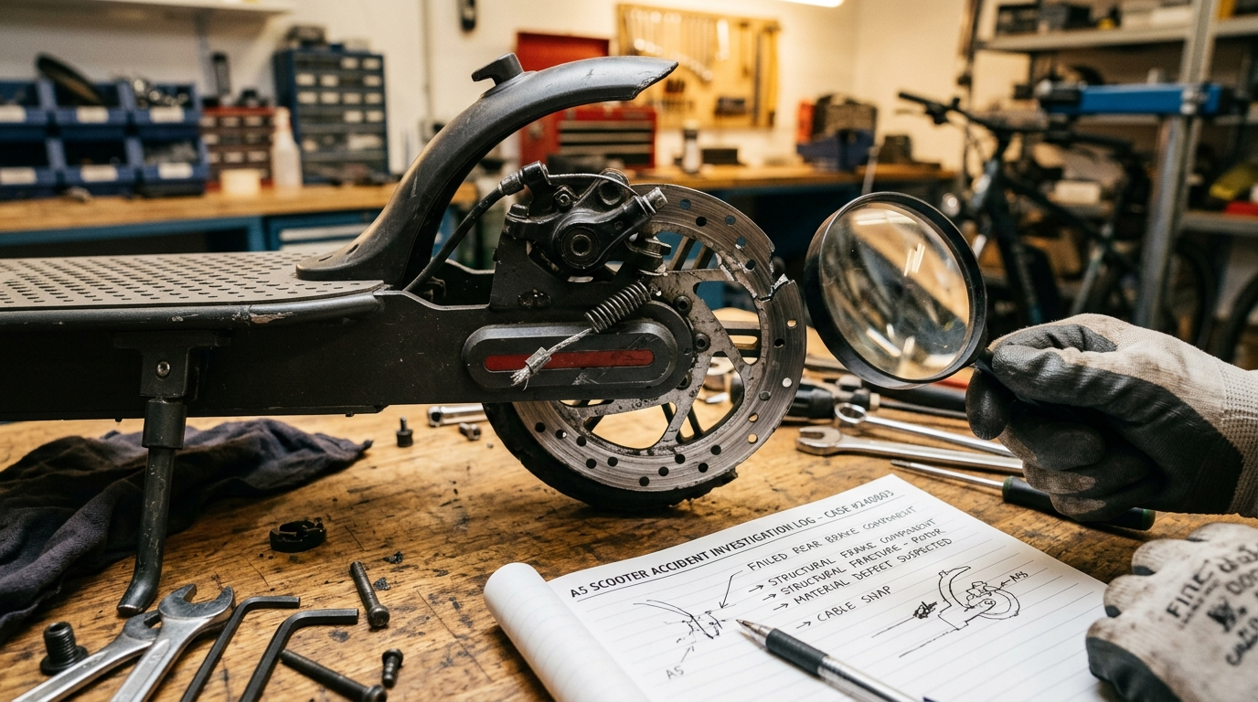 Investigator examining a failed e-scooter brake component for evidence of a product defect