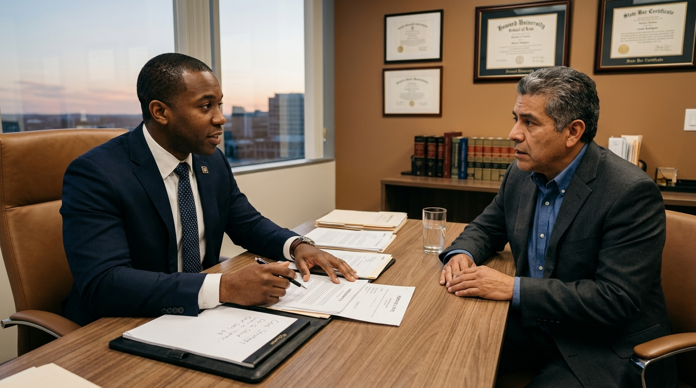 She Called 911, Then Threw the First Punch — What Texas Self-Defense Law Really Says Houston attorney meeting with a client to discuss a self-defense and assault case