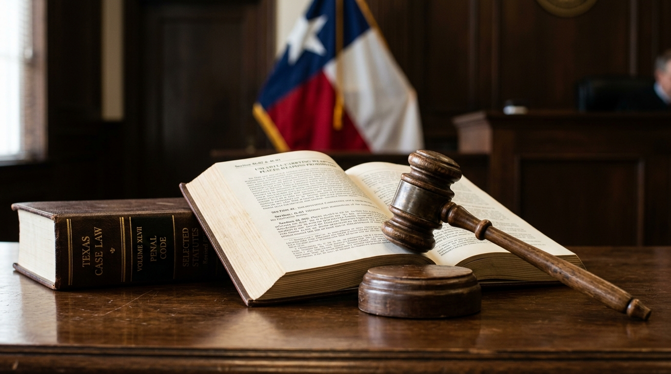 She Called 911, Then Threw the First Punch — What Texas Self-Defense Law Really Says Texas Penal Code law book and gavel representing an assault and self-defense legal case