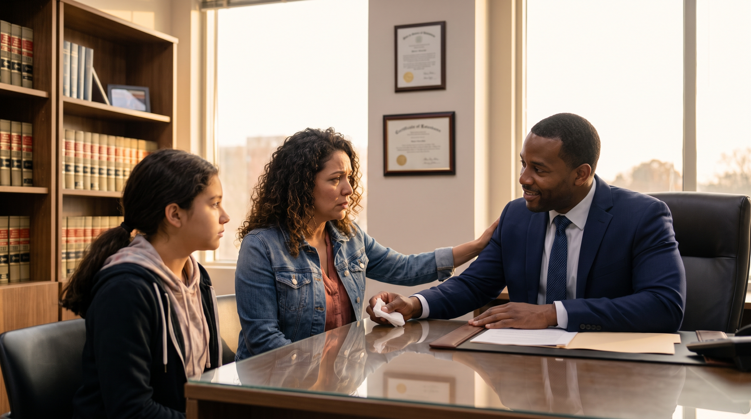 Attorney meeting with mother and teenage daughter to discuss a medical malpractice claim in a Houston law office