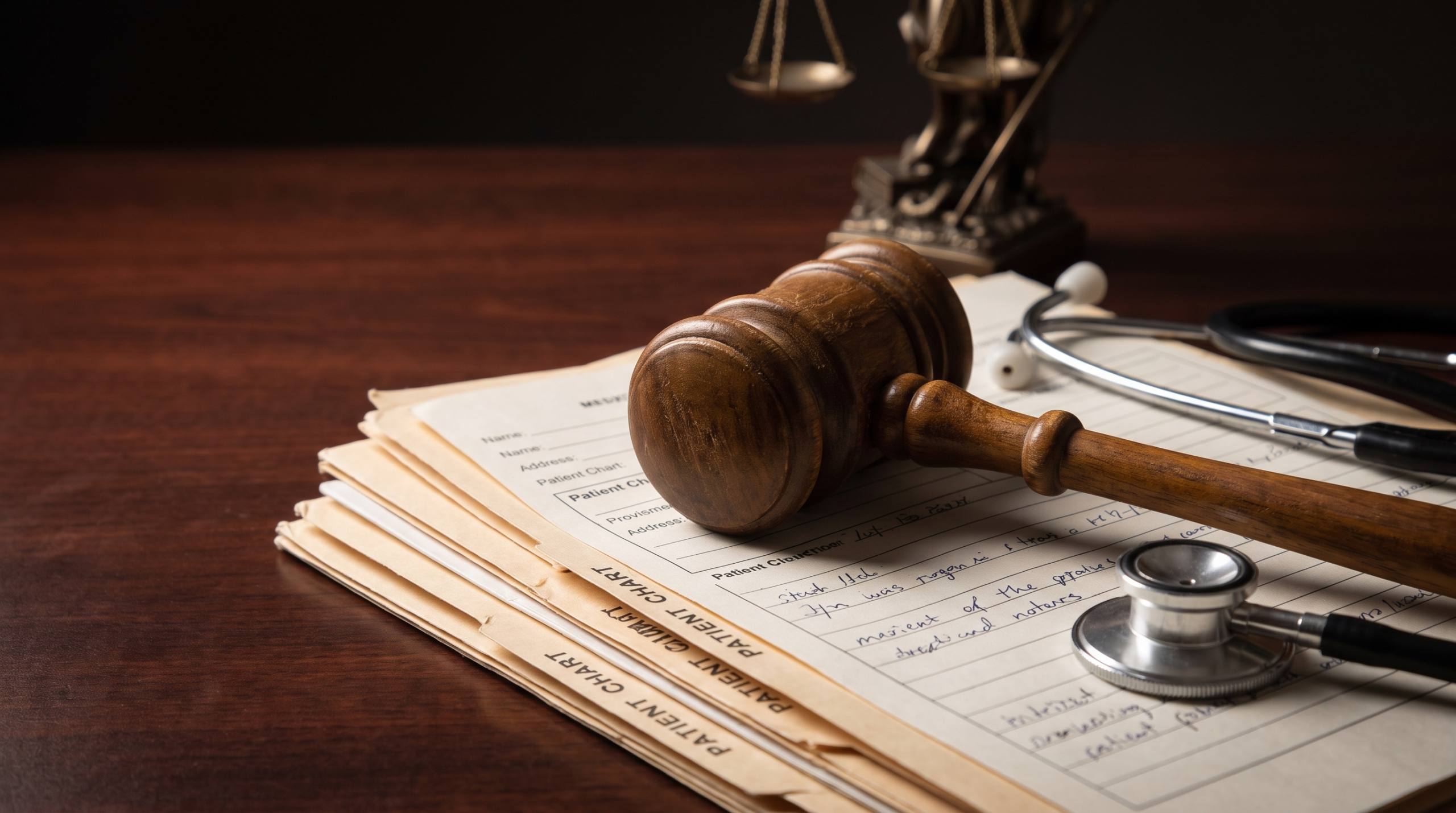 Gavel resting on medical patient chart documents symbolizing a Texas medical malpractice legal claim
