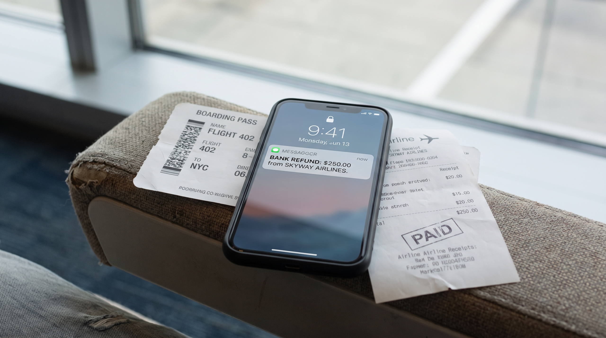 Airline cash refund confirmation on smartphone next to boarding pass