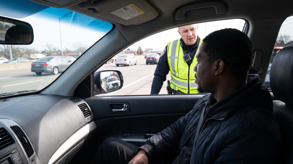Black male passenger in passenger seat looking at police officer during traffic stop
