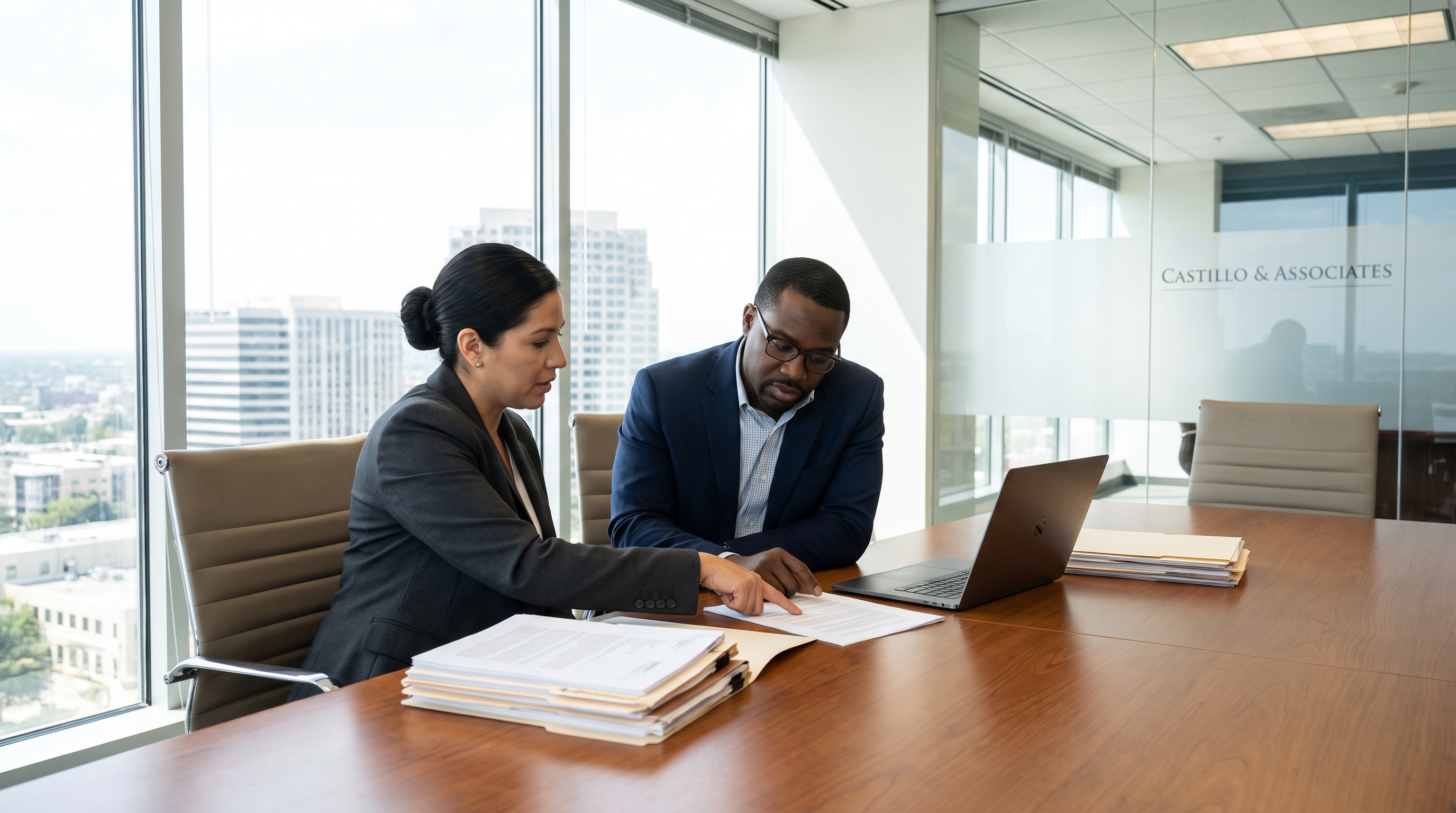 Hispanic criminal defense attorney meeting with Black male client reviewing legal documents in law office