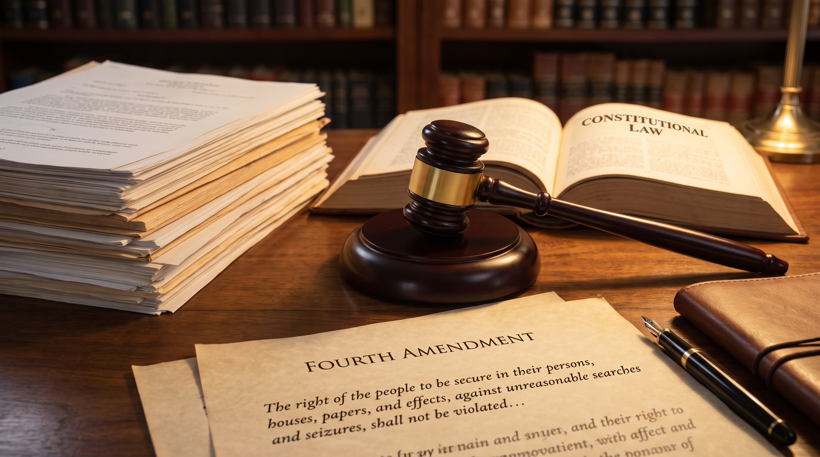 Constitutional rights documents with Fourth Amendment text, gavel, and legal briefs on desk