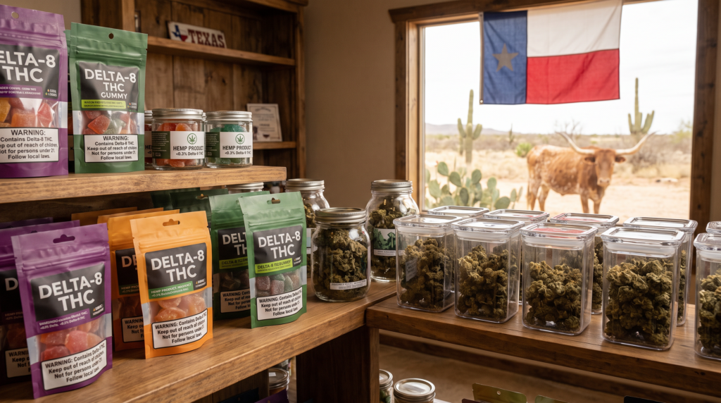 Delta-8 THC gummies and hemp products on retail shelf with warning labels