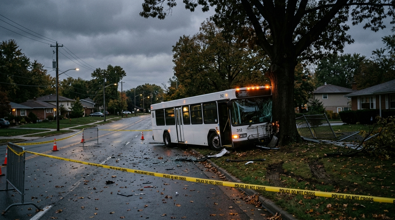 City transit bus crashed into a large oak tree at dusk behind police tape on a suburban street