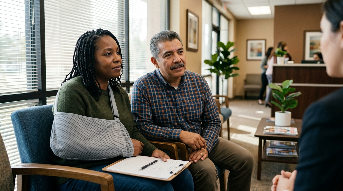 Injured Black woman in an arm sling and Hispanic man meeting with a Houston attorney after a bus crash