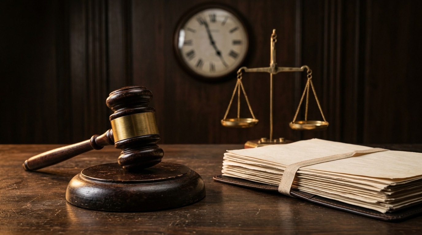 Judge's gavel and legal documents beside a scale of justice with a clock in the background
