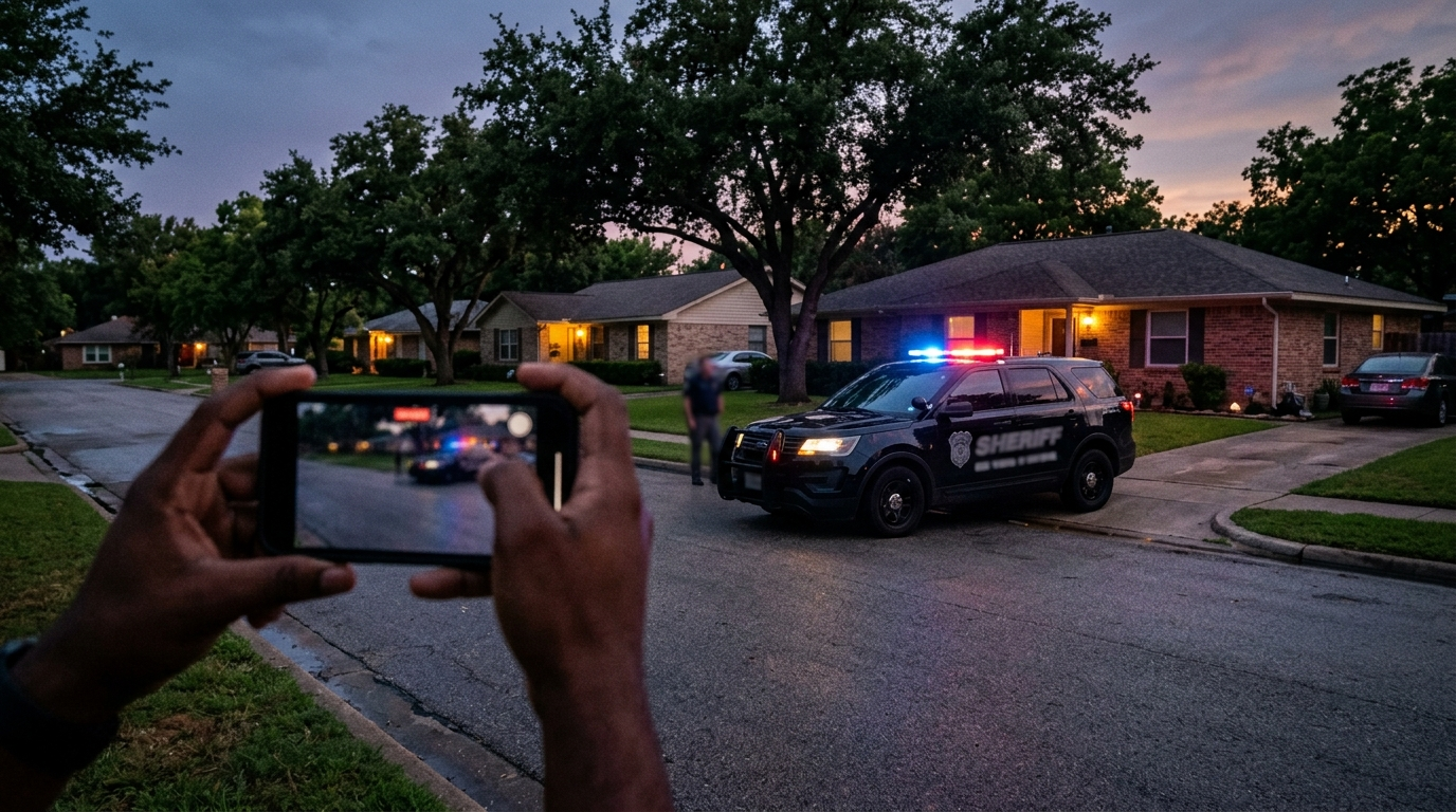 The Right to Film Police in Texas Has One Big Trap Hand holding a smartphone recording a sheriff's patrol SUV with flashing lights outside a Texas home at dusk