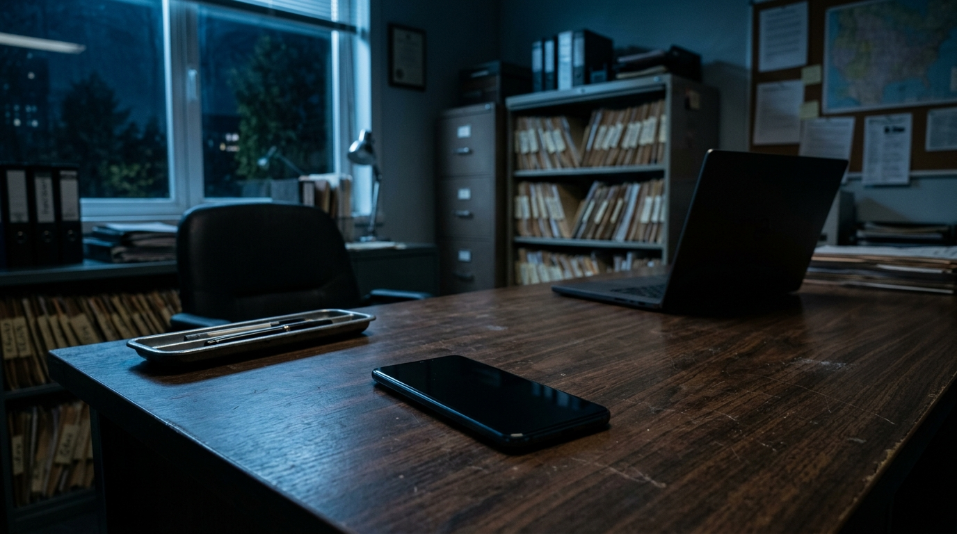 What Your Phone Number Gives the Government: A Federal Prosecutor's Three Tools Smartphone on a desk in a dim federal investigator's office at night with case files behind it