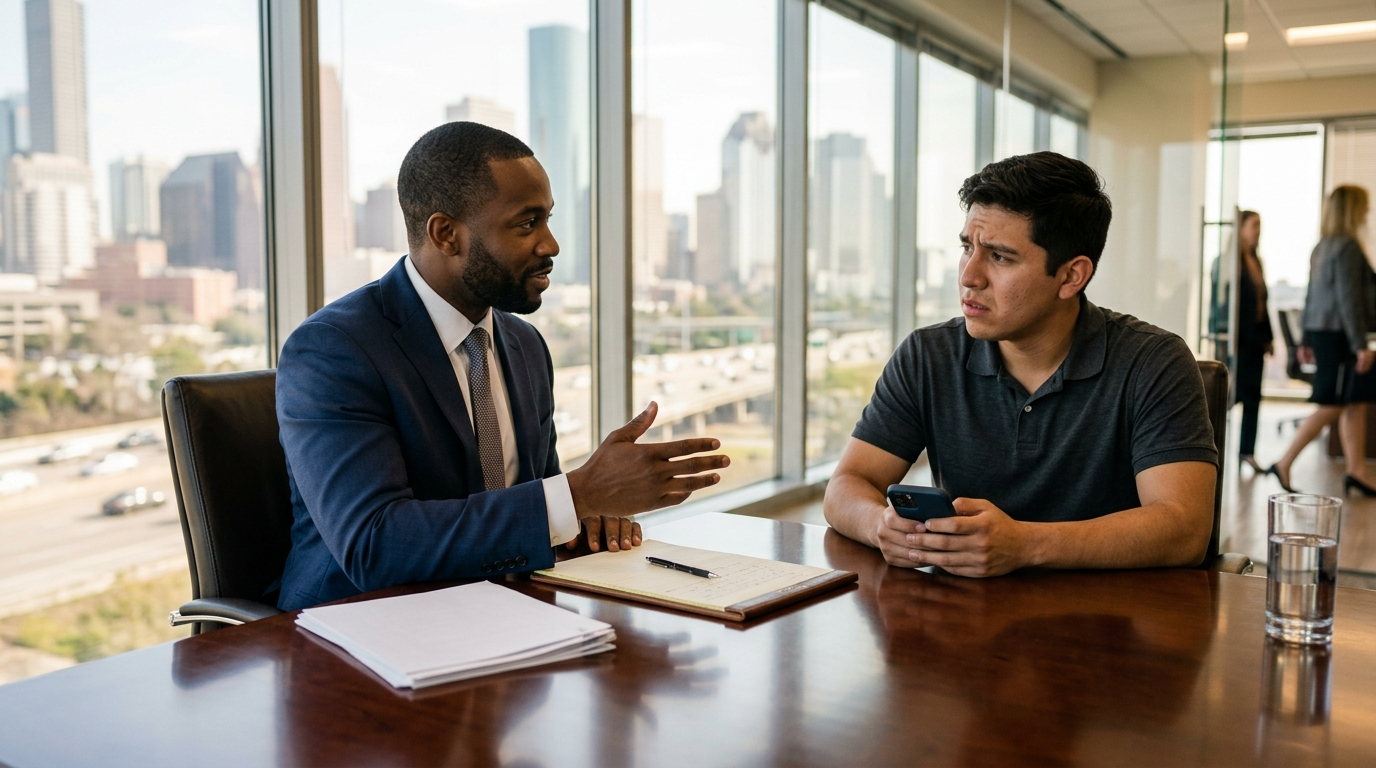 What Your Phone Number Gives the Government: A Federal Prosecutor's Three Tools Black Houston attorney explaining phone record subpoenas to a worried Hispanic client holding a smartphone