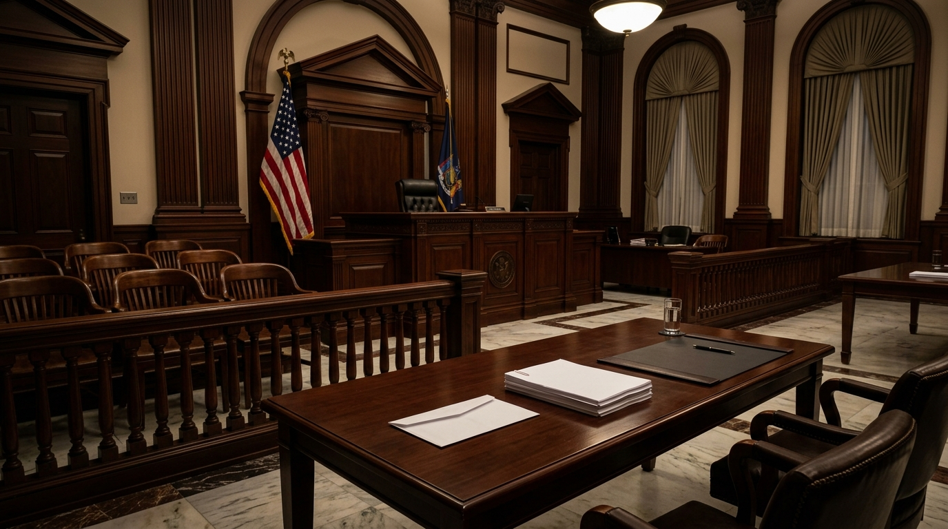 What Your Phone Number Gives the Government: A Federal Prosecutor's Three Tools Empty federal courtroom with a sealed envelope and documents on the counsel table
